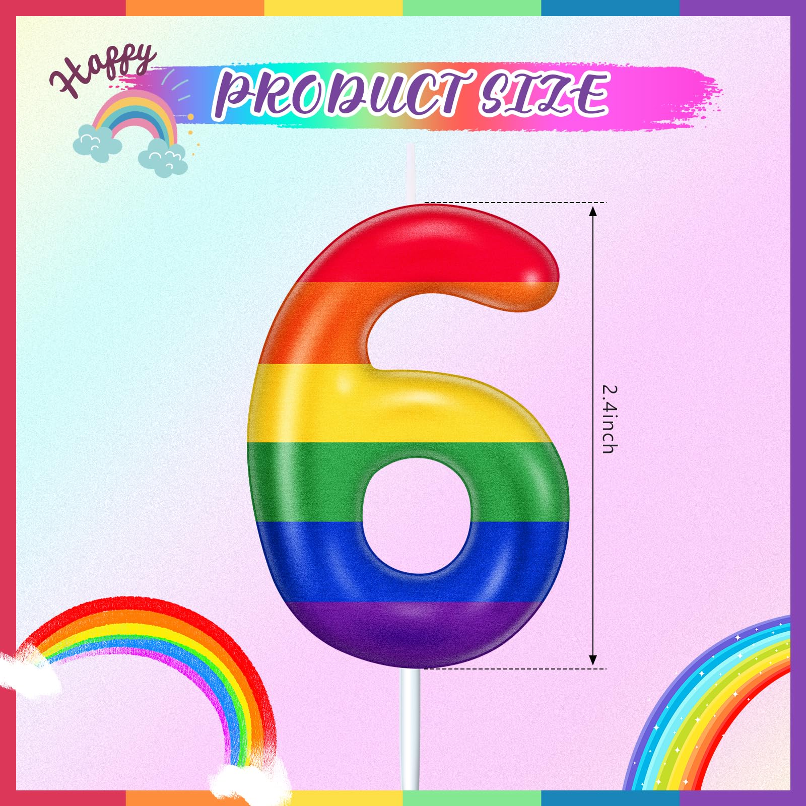 Tondiamo Rainbow Number Candle Birthday Cake Topper Birthday Candle Number Cake Topper Candle for Cake for Boys Girls Kids Party Supplies Rainbow Ornament Decorations (Number 6)