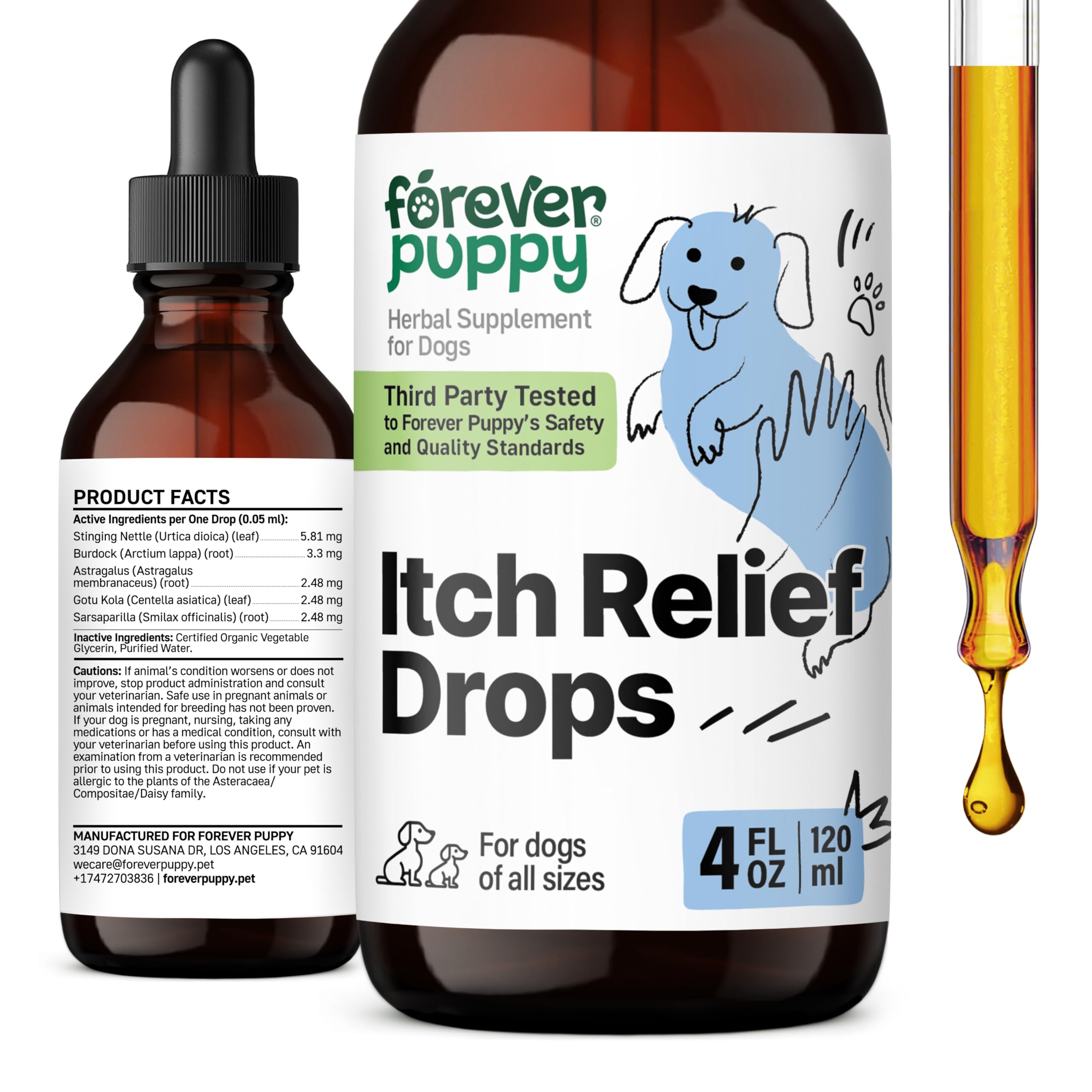 Itch Skin Relief for Dogs - Nutritional Drops for Dry Itchy Skin w/Soothing Gotu Kola - Itchy Paws Dog Relief w/Stinging Nettle Leaf - Herbal Dog Vitamins and Supplements for Happy Pets - 4 oz