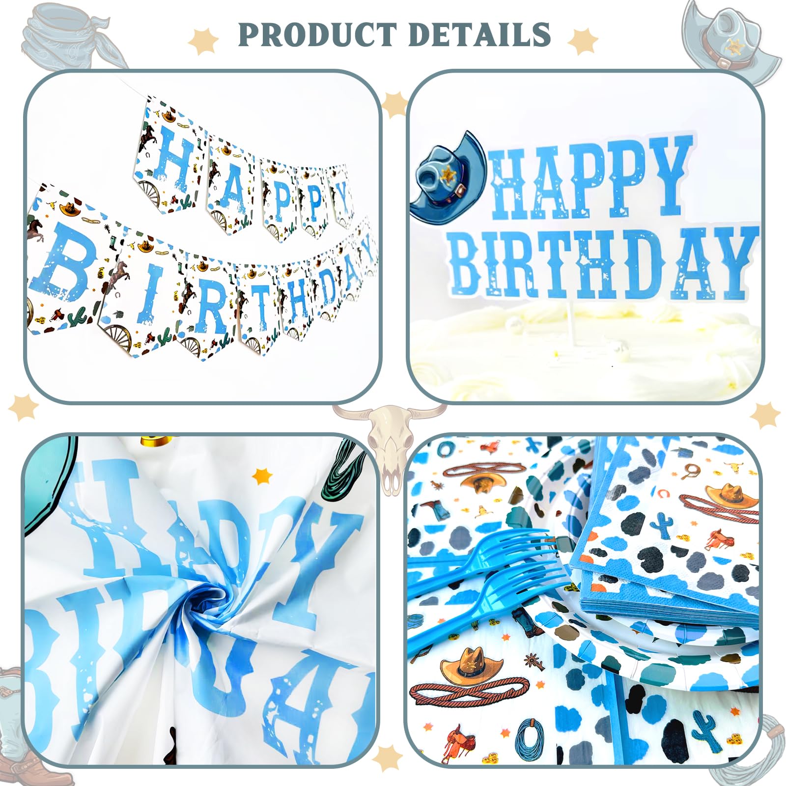 Hombae Cowboy Party Decorations, Cowboy Theme Birthday Supplies, Blue Western Rodeo Wild West Horse Birthday Decorations for Boys, Backdrop Balloon Banner Tablecloth Cake Topper Plates Napkins Forks