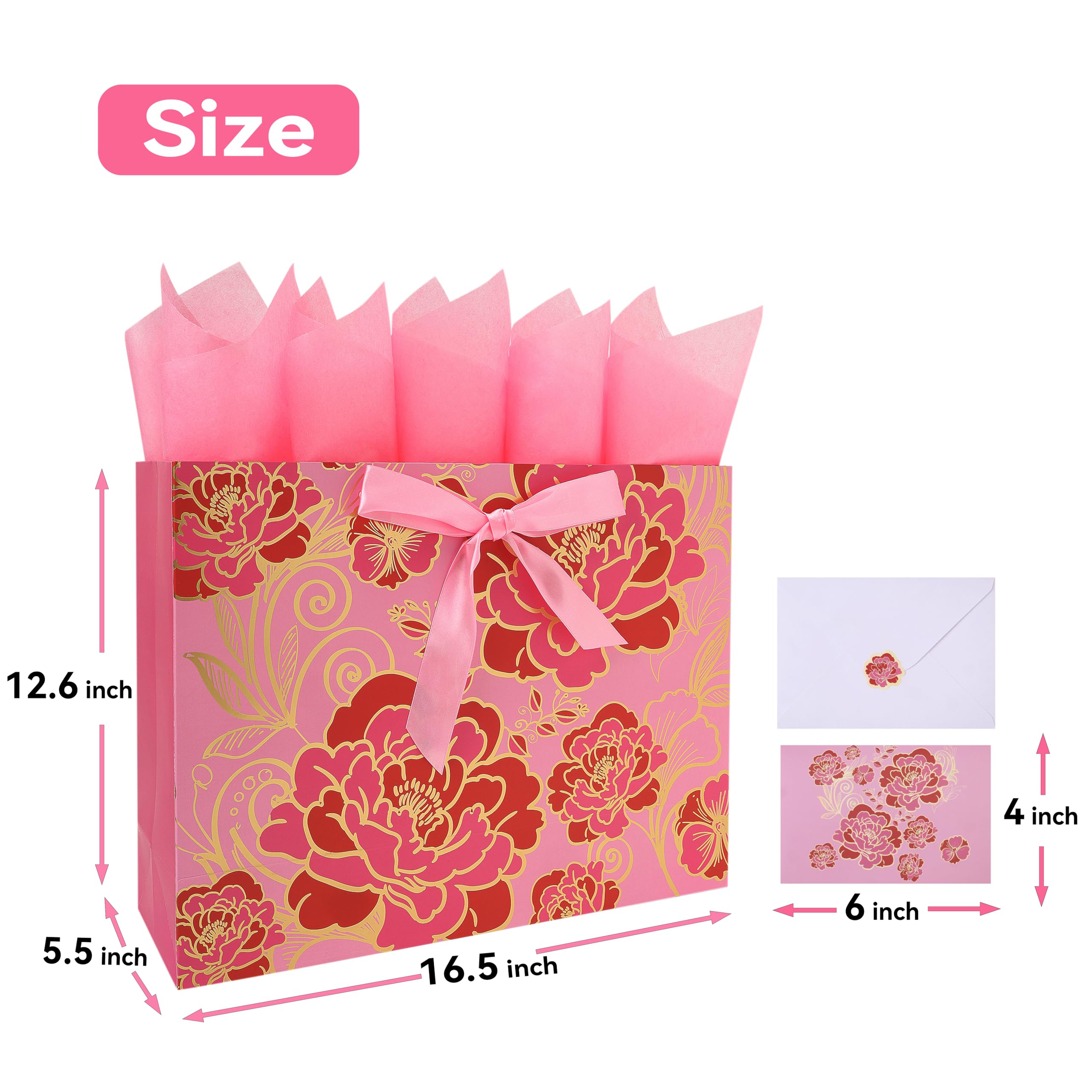 16.5" Extra Large Rose Pink Gift Bag Set with Greeting Card and Tissue Paper(Foil Traced Flowers) for Celebrating Birthdays, Mother's Day, Weddings, Anniversary, Valentine's Day - 16.5”x5.5”x12.6”, 1 Pcs.