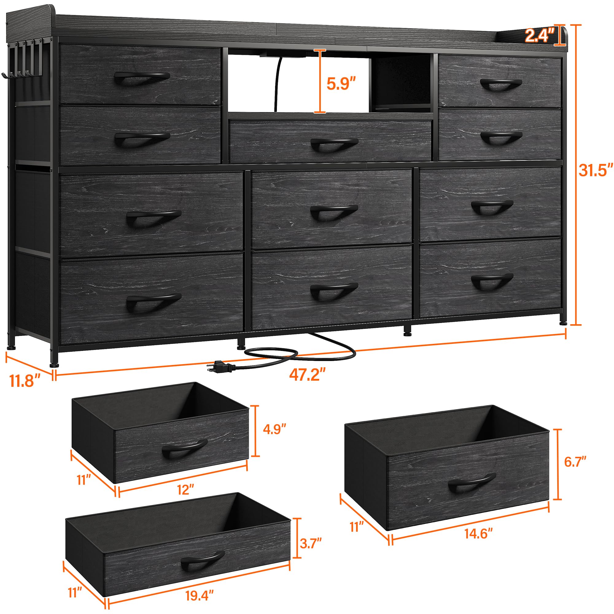 EnHomee Dresser TV Stand with 11 Drawers for 60" TV Stand for Bedroom with LED Lights & Power Outlets Long Dresser for Bedroom with Shelves & 4 Hooks Sturdy Metal Frame & Wood Top, Charcoal Black