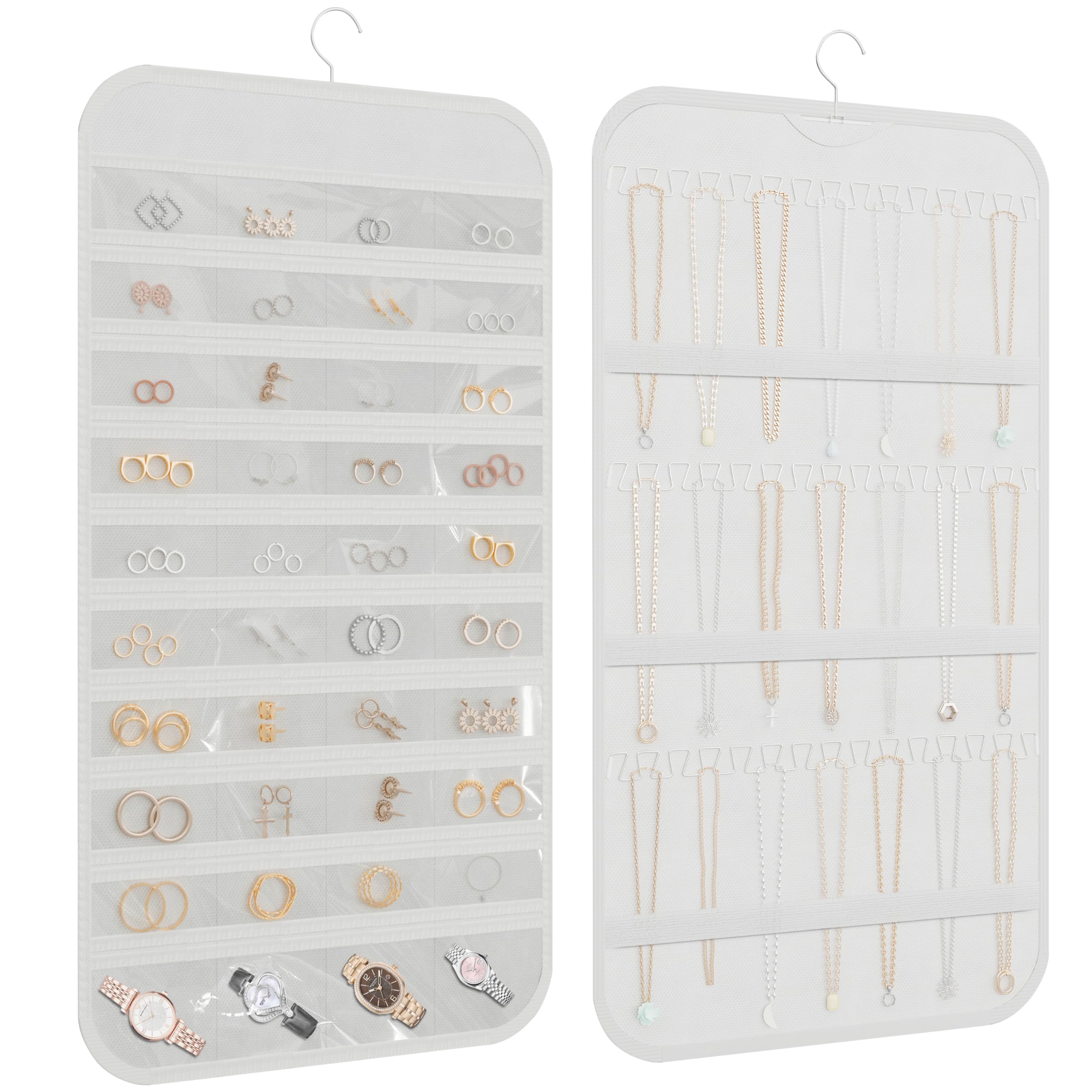 DonYeco Hanging Jewelry Organizer Storage, 40 Pockets 36 Hooks Necklace Earring Necklace Bracelet Ring Organizer, Double - Sided Design, White