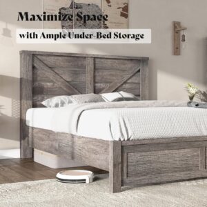 AMERLIFE Queen Size Farmhouse Bed Frame with 49.2" Barn Door Headboard, Platform Bed Frame with Wood Slats, Under Bed Storage Space, Easy Assembly, Noisy Free, Rustic Gray