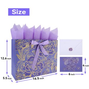 Qirrmiy 16.5" Extra Large Rose Purple Gift Bag Set with Greeting Card and Tissue Paper for Celebrating Birthdays, Mother's Day, Weddings, Anniversaries - 16.5”x5.5”x12.6”, 1 Pcs.