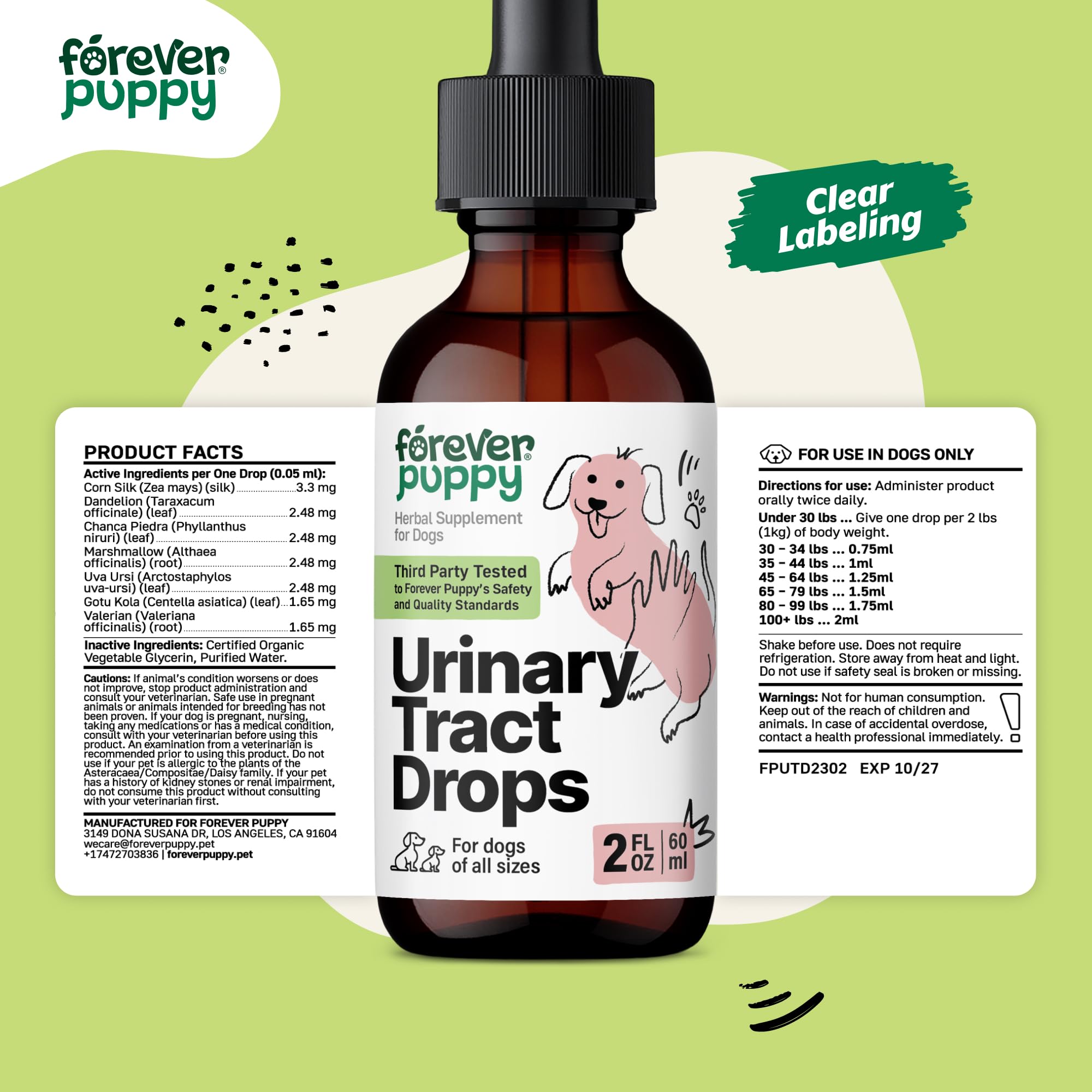 Urinary Tract Drops for Dogs - Herbal Bladder Supplement w/Corn Silk & Chanca Piedra Stone Breaker - Urinary Care Dog Food Supplements - Liquid Dog Vitamins for Bladder and Urinary Health - 2 oz