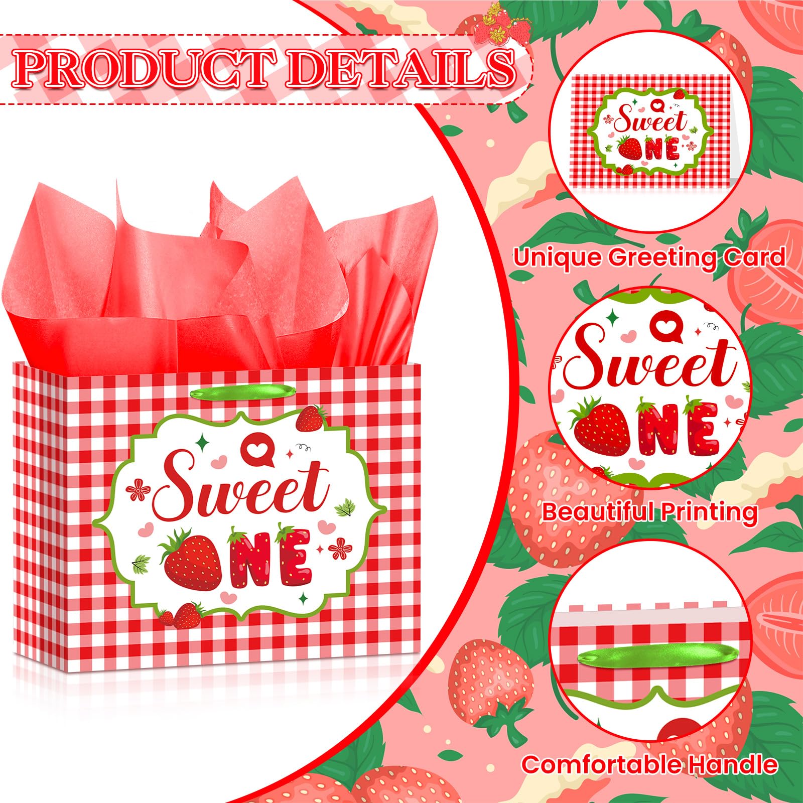 Strawberry 1st Birthday Gift Bag Red Berry Birthday Decorations Large Sweet One Birthday Wrapping Bag with Tissue Paper and Greeting Card for Girl Baby Shower Berry First Birthday Party Supplies