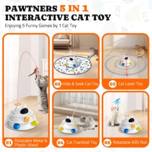 Interactive Cat Toy: 5 in 1 Automatic Cat Toy for Indoor Cats, Rechargeable Hide and Seek Toy with PVC Cover, Battery Operated Kitten Laser Toy, Self Play Fluttering Feather Wand with Track Ball