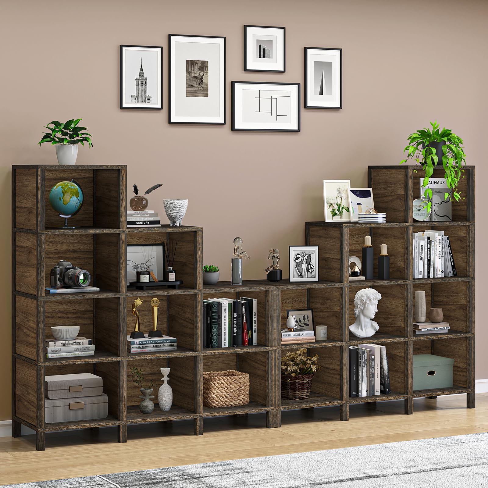 TVU 9-Cube Ladder Bookcase & Bookshelf, Floor Standing Display Storage 12 Shelves Bookshelf (Rustic Brown)