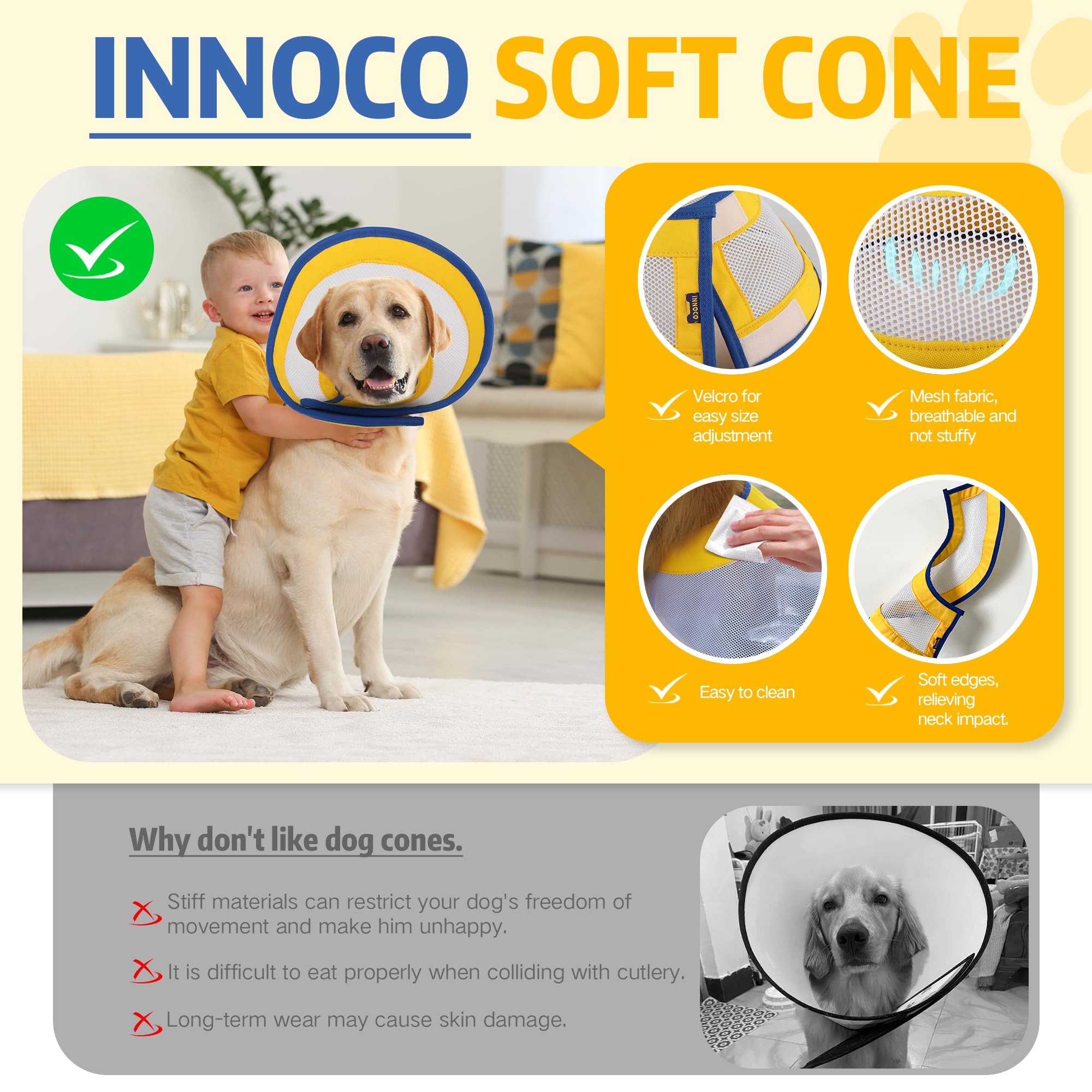 Soft Dog Cone/for Dogs After Surgery Large Medium Dogs Breathable Adjustable Comefortable Dog Cone Surgical Recovery Prevents Licking Biting Scratching, Dog Protector,XL