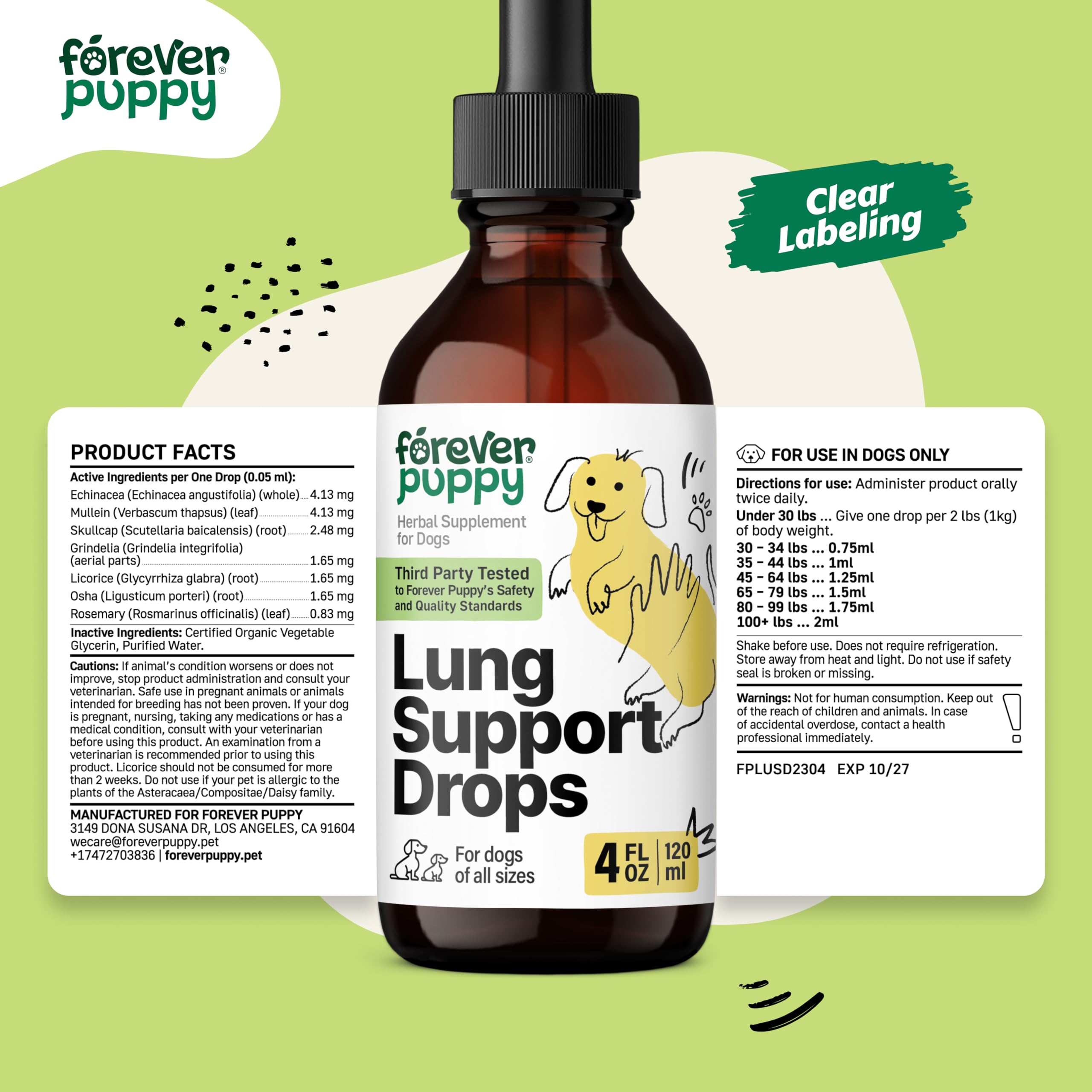 Lung Support Drops for Dogs - Vegan Dog Respiratory Health Supplements - Herbal Respiratory Support for Dogs w/Mullein Leaf and Echinacea Herb - Liquid Dog Vitamins for Pet's Lung Care - 4 oz