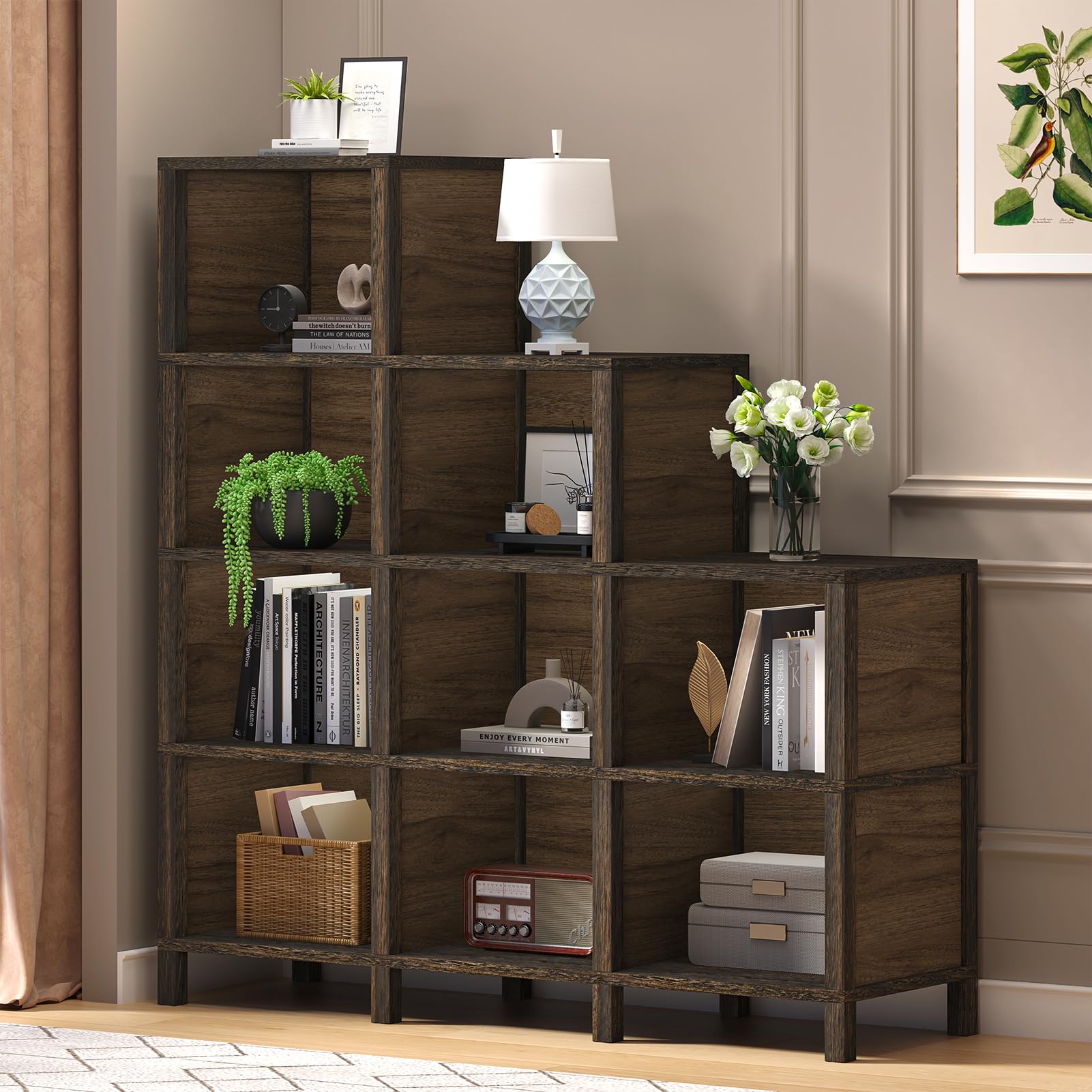 TVU 9-Cube Ladder Bookcase & Bookshelf, Floor Standing Display Storage 12 Shelves Bookshelf (Rustic Brown)