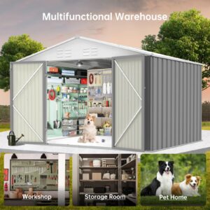 Zstar 7.5 x 8.5 FT Outdoor Storage Shed, Garden Tool Storage Shed with Sloping Roof and Lockable Double Door for Backyard Patio Lawn to Store Bikes, Tools, Lawnmowers, Grey