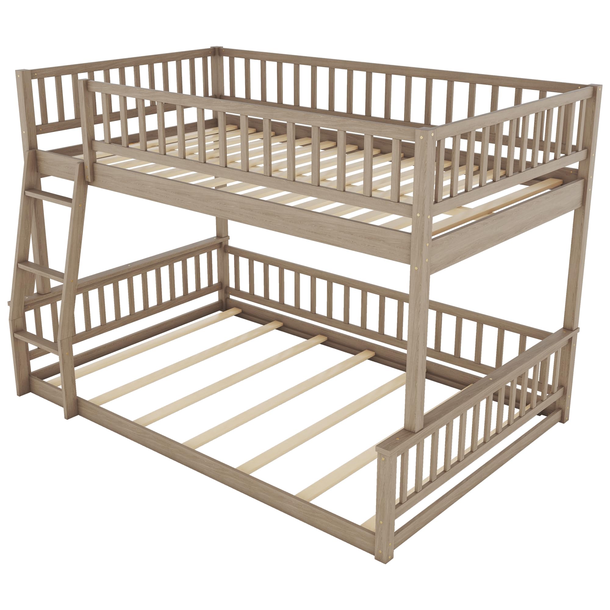 ATY Full XL Over Queen Bunk Bed, Convertible Wooden Bedframe with Ladder and Guardrails, Can Bed Seperated into 2Beds, for Kids Bedroom, Dorm, No Spring Needed, 84.7" L x 63.7" W x 58.3" H,Natural