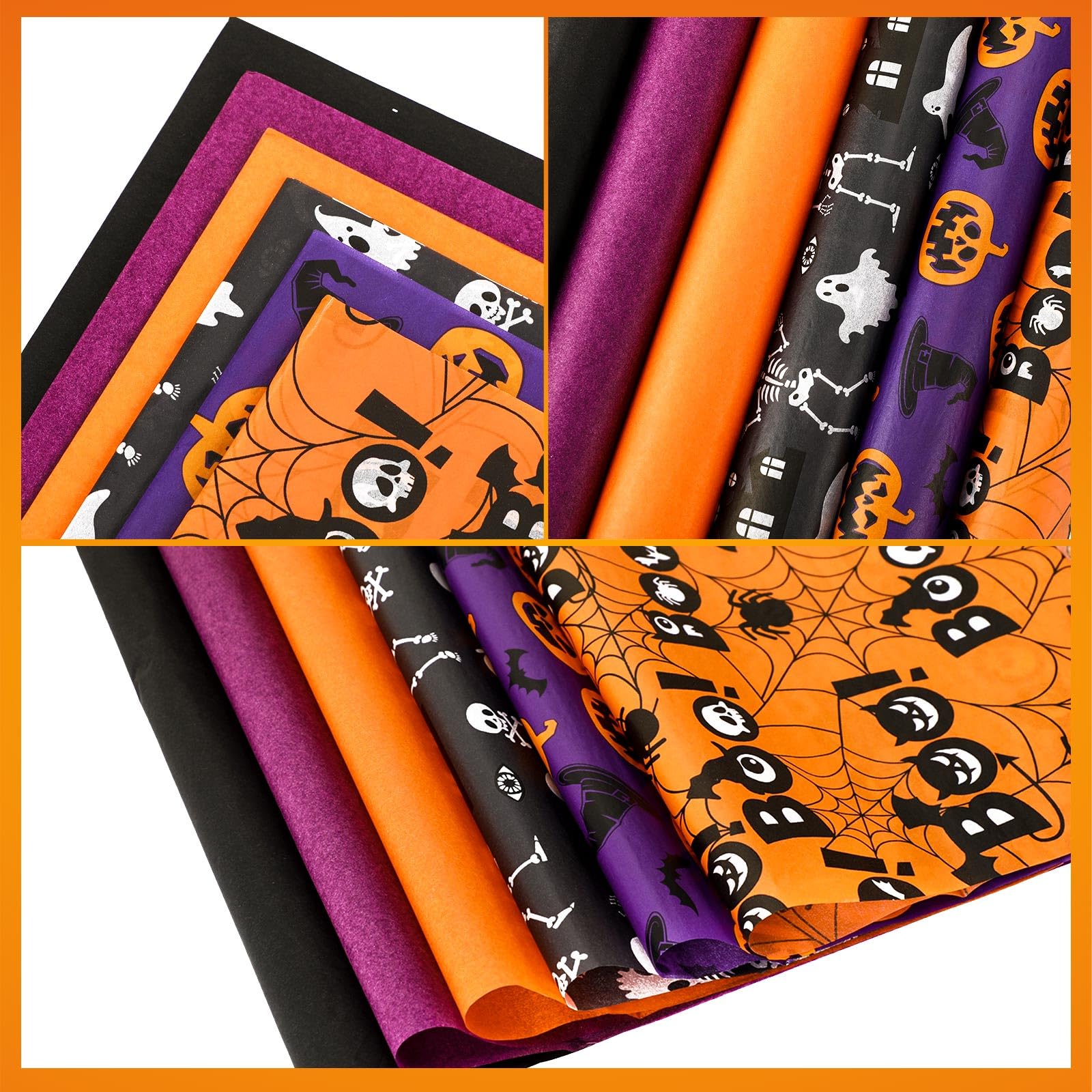 JUNEBRUSHS 90 Sheets Halloween Tissue Paper Black Orange Purple Wrapping Paper for Halloween DIY Crafts Fall Holiday Decoration Gift Packing 19.7 ×13.8 Inch