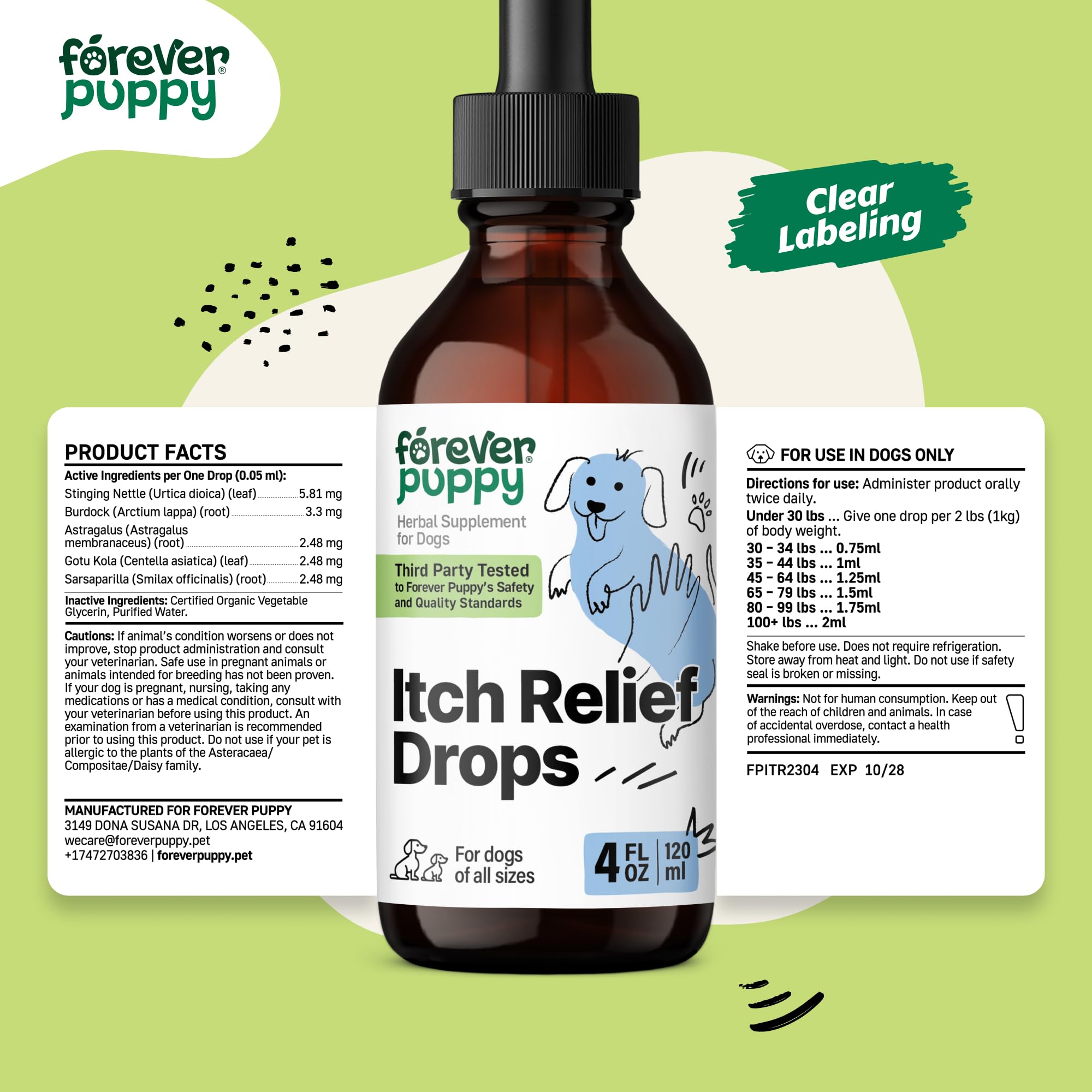 Itch Skin Relief for Dogs - Nutritional Drops for Dry Itchy Skin w/Soothing Gotu Kola - Itchy Paws Dog Relief w/Stinging Nettle Leaf - Herbal Dog Vitamins and Supplements for Happy Pets - 4 oz