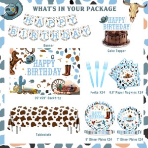 Hombae Cowboy Party Decorations, Cowboy Theme Birthday Supplies, Blue Western Rodeo Wild West Horse Birthday Decorations for Boys, Backdrop Balloon Banner Tablecloth Cake Topper Plates Napkins Forks