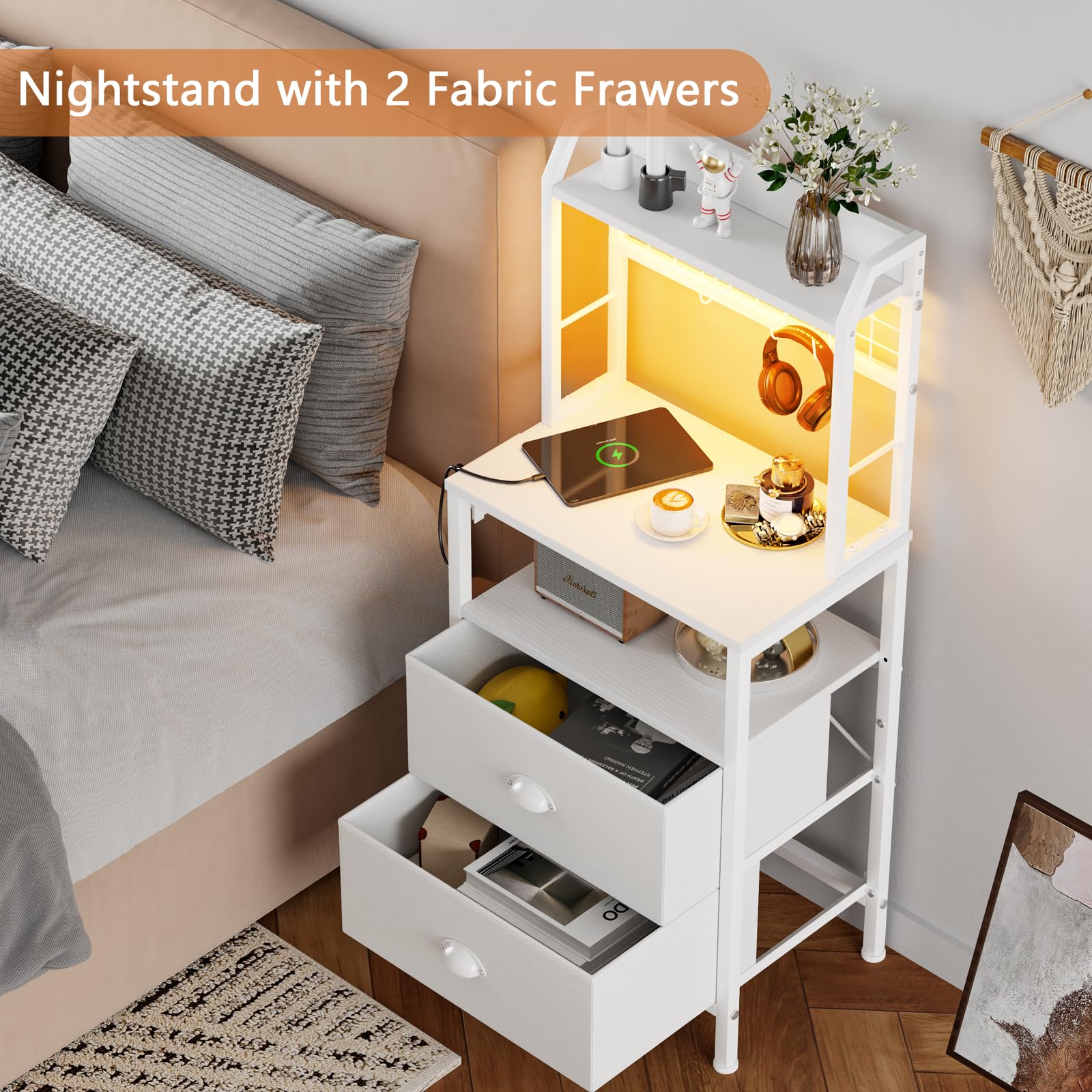 Furologee Tall Nightstand with Charging Station & LED Lights, 41'' Bedside Table with 2 Drawers & Pegboard, White Night Stand with Hooks & Folders, End Table with Shelves for Bedroom/Living Room