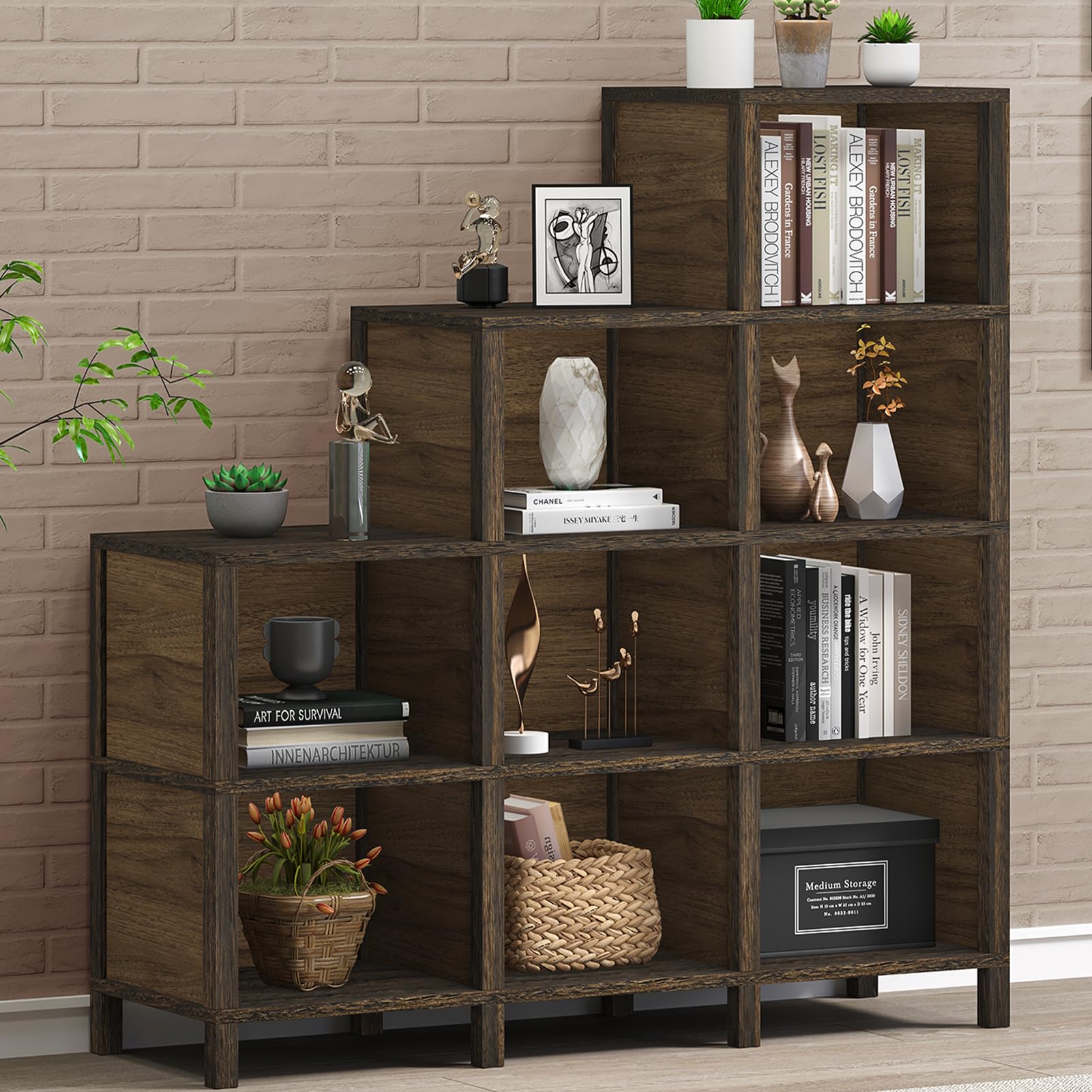 TVU 9-Cube Ladder Bookcase & Bookshelf, Floor Standing Display Storage 12 Shelves Bookshelf (Rustic Brown)