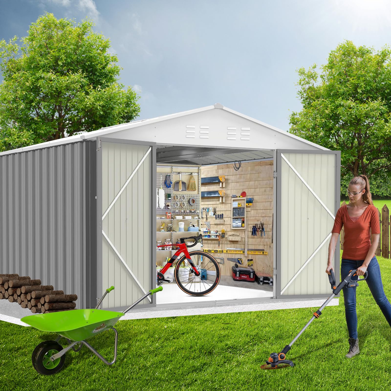 Zstar 7.5 x 8.5 FT Outdoor Storage Shed, Garden Tool Storage Shed with Sloping Roof and Lockable Double Door for Backyard Patio Lawn to Store Bikes, Tools, Lawnmowers, Grey