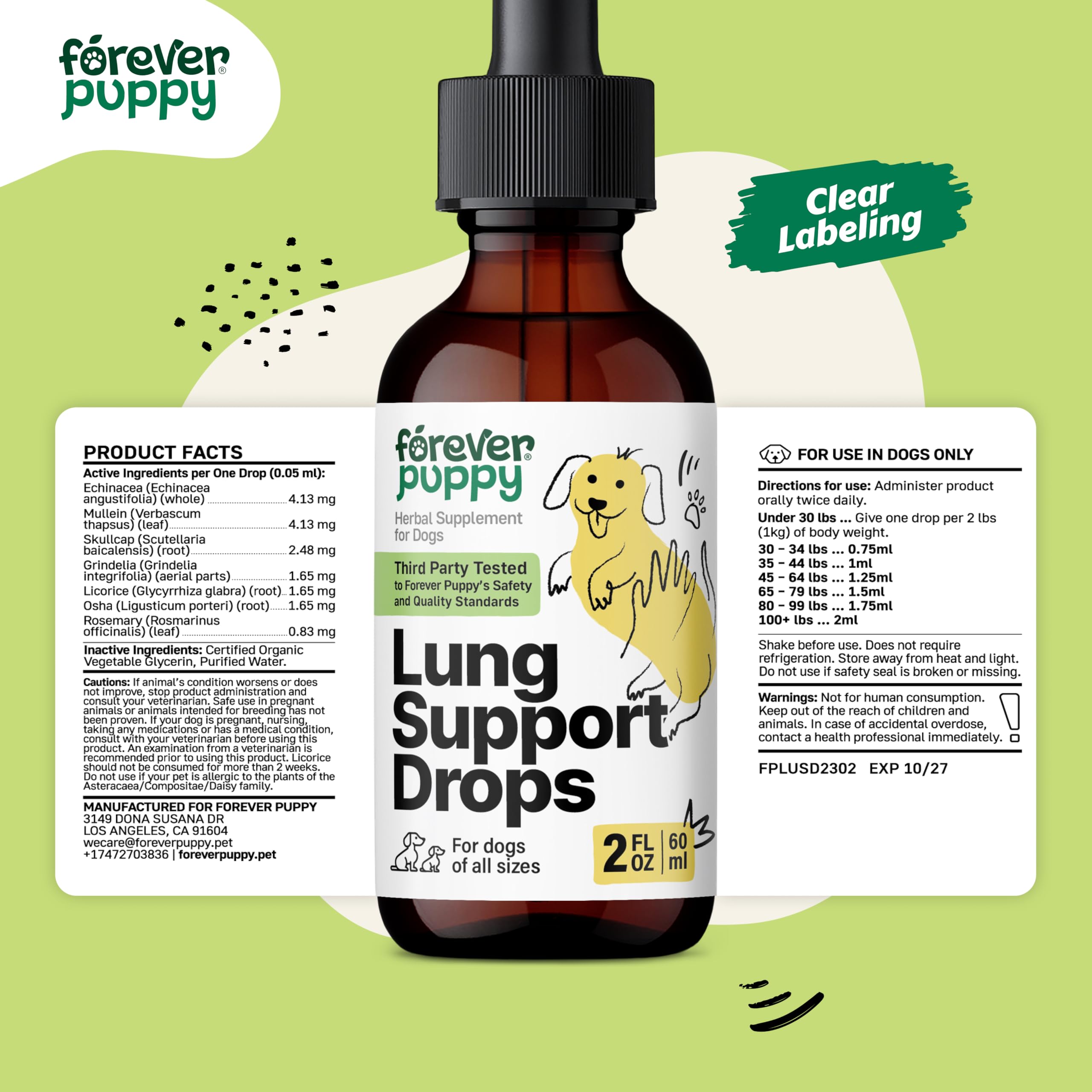 Lung Support Drops for Dogs - Respiratory Support Supplement for Dogs w/Mullein Leaf - Herbal Dog Respiratory Health Drops - Dog Vitamins for Lungs w/Mullein Extract & Echinacea - 2 oz