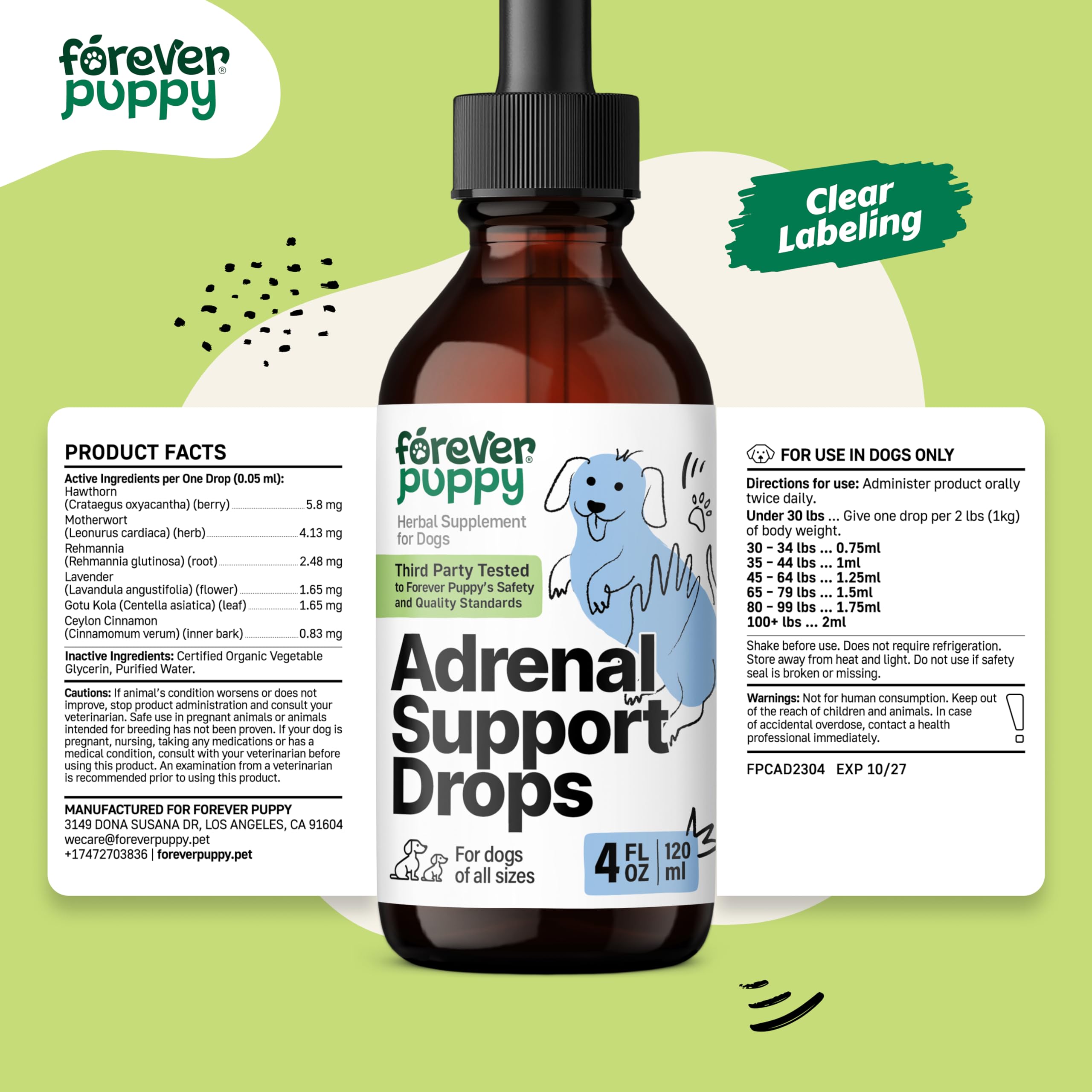 Adrenal Drops for Dogs - Adrenal Wellbeing w/Ashwagandha Liquid Drops - Calming Care for All Breeds & Sizes - Herbal Energy Drops w/Ginseng Root - Dog Food Supplements for Adrenal Support - 4 oz