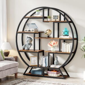 Tribesigns Bookshelf, Round Bookshelves Etagere Bookcase, 63 Inch Industrial Wood Book Shelf with Staggered Shelves, Rustic Open Shelving Organizer Rack Display Shelf for Home Office, Living Room