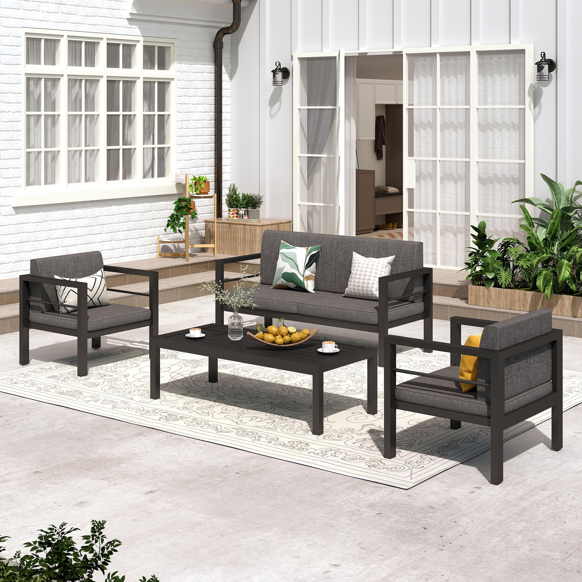 GARTOO Outdoor Aluminum Furniture Set - 4 Pieces Modern Patio Conversation Sofa Sets with Upgraded Removable Cushion, Outside Sectional Sofas Sets with Coffee Table for Balcony, Backyard, Poolside