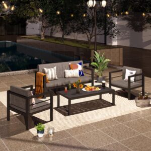 GARTOO Outdoor Aluminum Furniture Set - 4 Pieces Modern Patio Conversation Sofa Sets with Upgraded Removable Cushion, Outside Sectional Sofas Sets with Coffee Table for Balcony, Backyard, Poolside