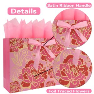 16.5" Extra Large Rose Pink Gift Bag Set with Greeting Card and Tissue Paper(Foil Traced Flowers) for Celebrating Birthdays, Mother's Day, Weddings, Anniversary, Valentine's Day - 16.5”x5.5”x12.6”, 1 Pcs.