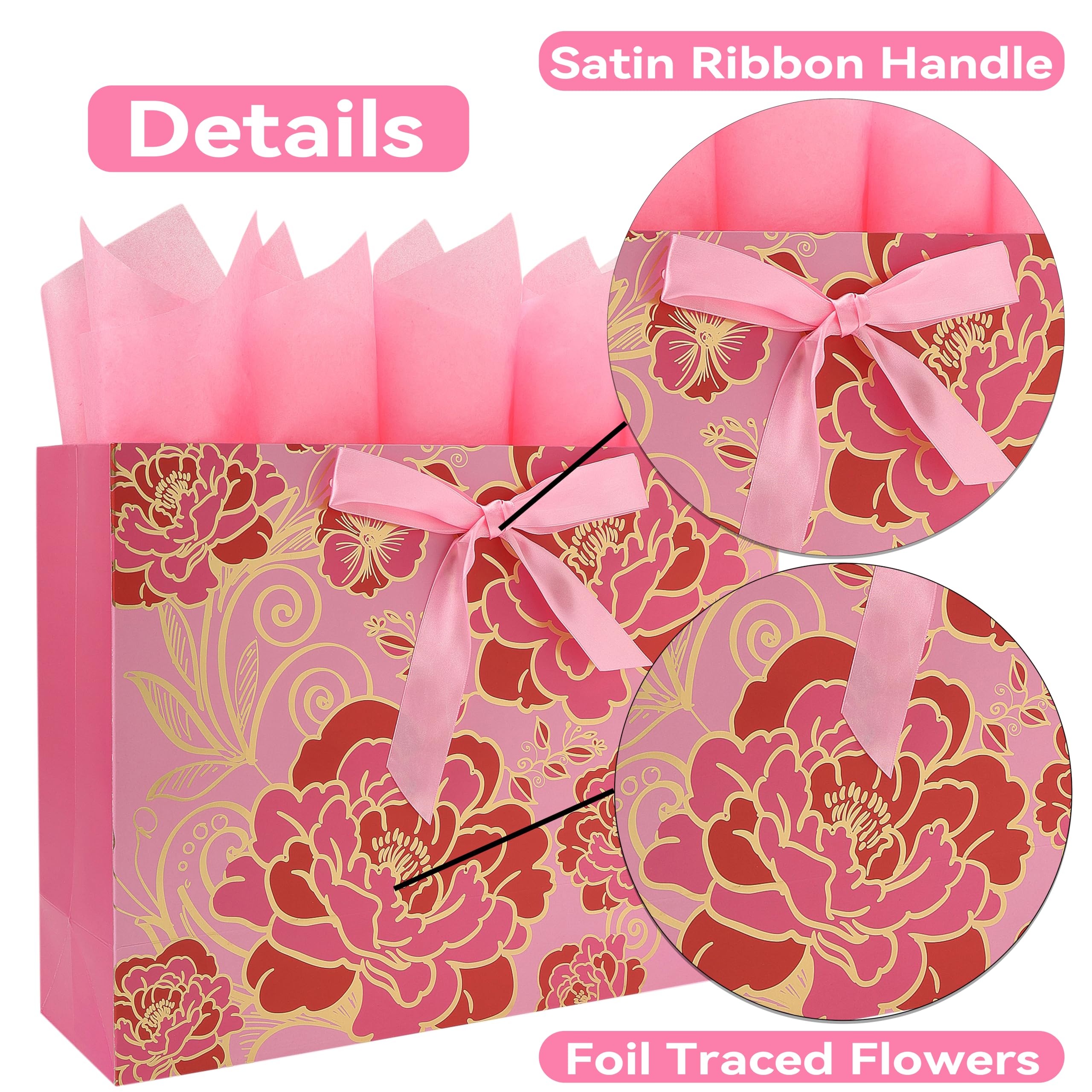 16.5" Extra Large Rose Pink Gift Bag Set with Greeting Card and Tissue Paper(Foil Traced Flowers) for Celebrating Birthdays, Mother's Day, Weddings, Anniversary, Valentine's Day - 16.5”x5.5”x12.6”, 1 Pcs.