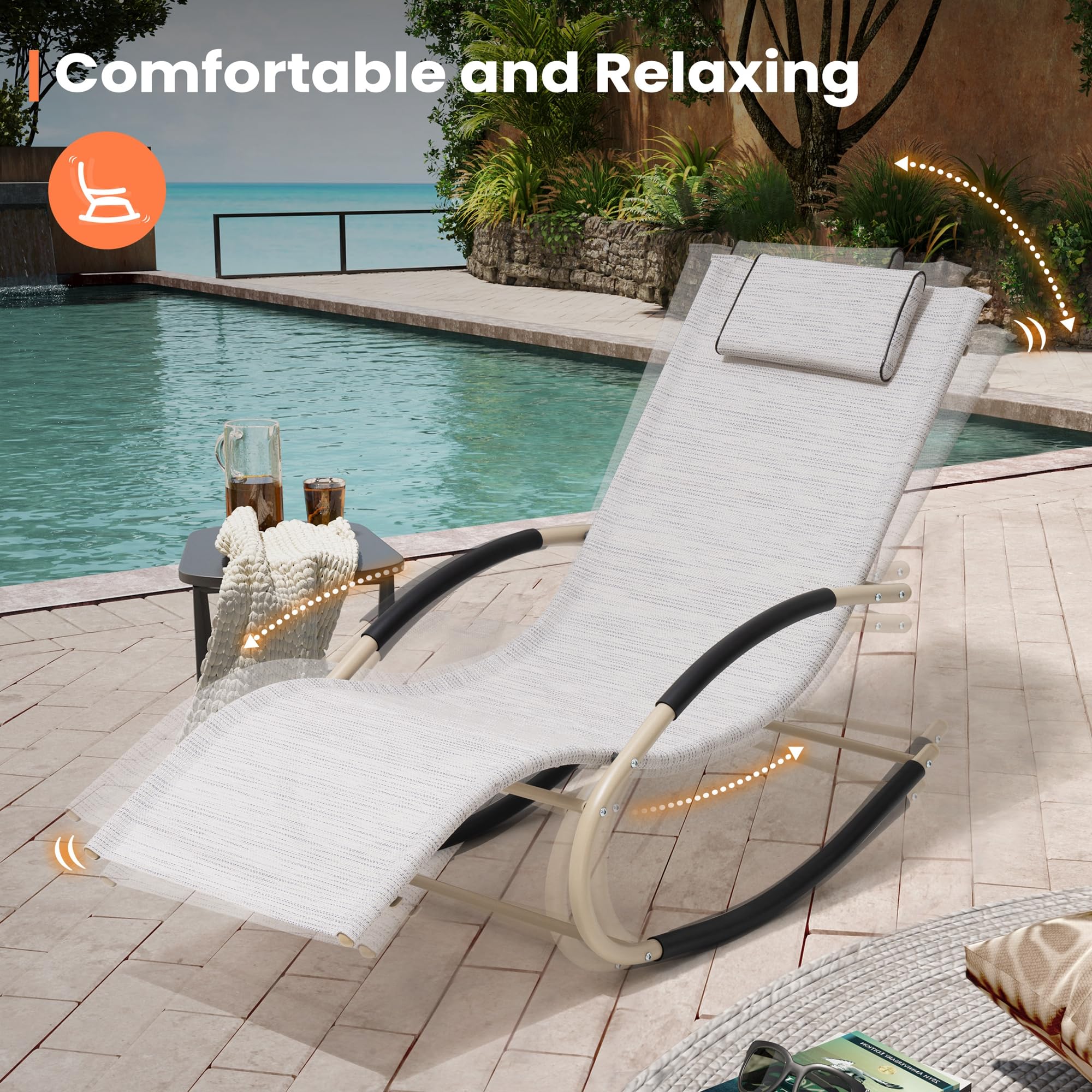 PATIOHIT Outdoor Lounge Rocking Chair Set of 2 - Patio Lounge Chair Comfortable and Stylish Rocking Sunlonger for Relaxation, Sunbathing, and Napping - Modern Design for Patio, Garden, Living Room