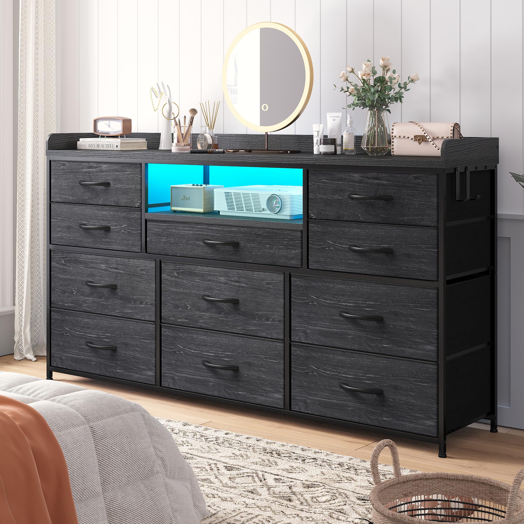 EnHomee Dresser TV Stand with 11 Drawers for 60" TV Stand for Bedroom with LED Lights & Power Outlets Long Dresser for Bedroom with Shelves & 4 Hooks Sturdy Metal Frame & Wood Top, Charcoal Black