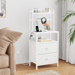 Furologee Tall Nightstand with Charging Station & LED Lights, 41'' Bedside Table with 2 Drawers & Pegboard, White Night Stand with Hooks & Folders, End Table with Shelves for Bedroom/Living Room