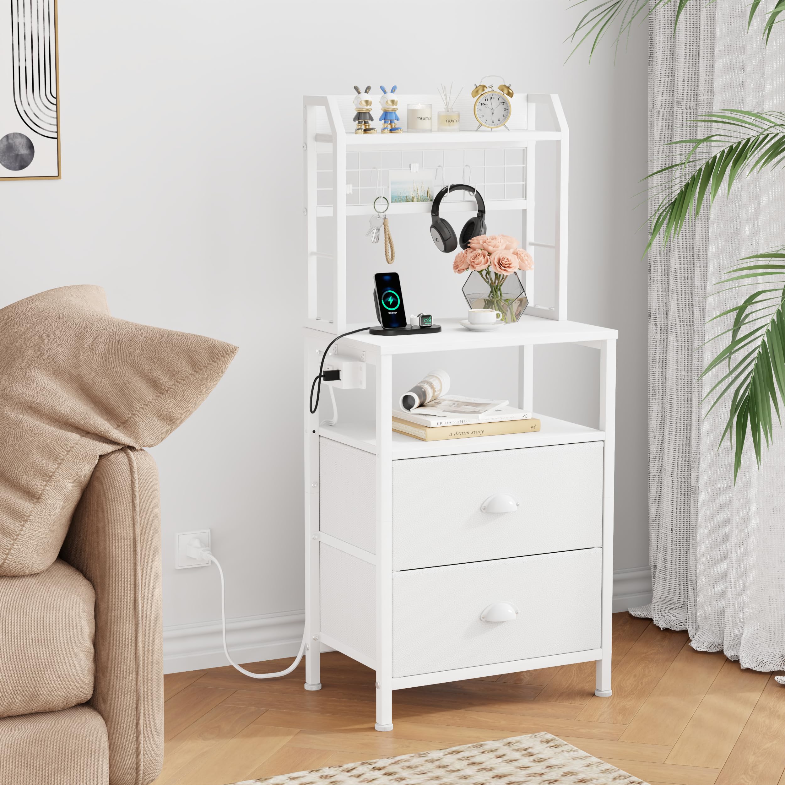 Furologee Tall Nightstand with Charging Station & LED Lights, 41'' Bedside Table with 2 Drawers & Pegboard, White Night Stand with Hooks & Folders, End Table with Shelves for Bedroom/Living Room