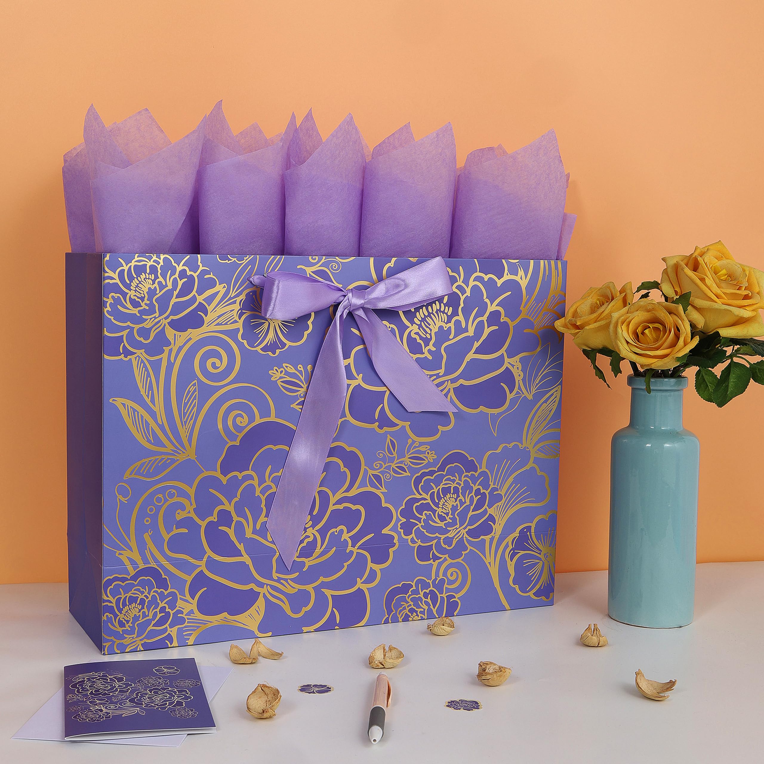 Qirrmiy 16.5" Extra Large Rose Purple Gift Bag Set with Greeting Card and Tissue Paper for Celebrating Birthdays, Mother's Day, Weddings, Anniversaries - 16.5”x5.5”x12.6”, 1 Pcs.