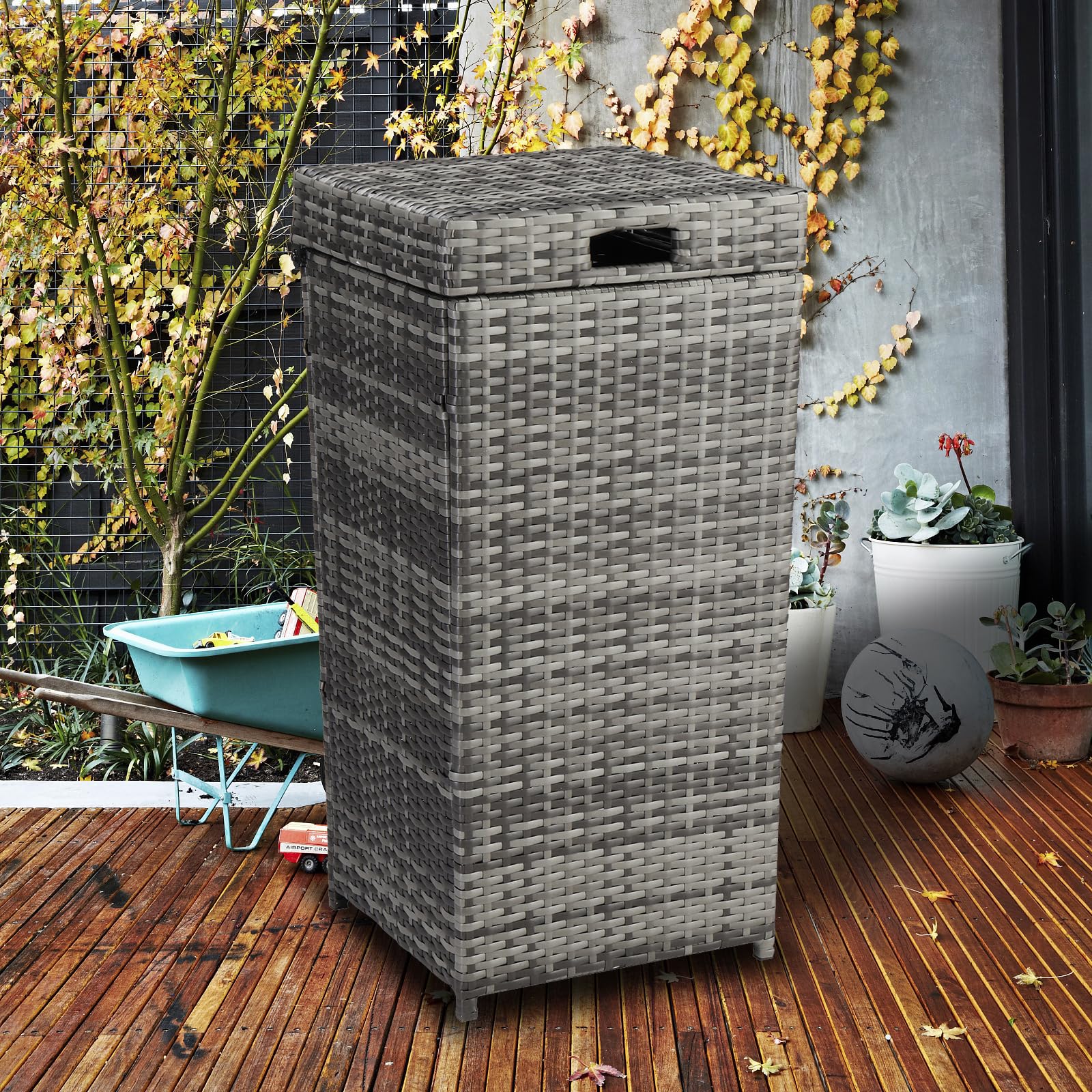 VINGLI Wicker Patio Trash Can, 27 Gallon Rattan Trash Can with Removable Lid, Outdoor Wicker Waste Basket, Wast Container (Grey)