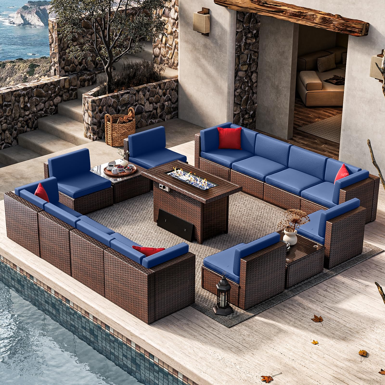 Jolydale Patio Furniture 15 Pieces Outdoor Furniture Set with 40" Fire Pit Table Wicker Rattan Sectional Conversation Set with Coffee Table for Patio, Garden, and Backyard (Blue)