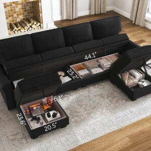 HONBAY Sectional Sofa with Storage Seat Velvet U Shaped Sectional Couch with Reversible Chaise Convertible Sectional Couches for Living Room,Black