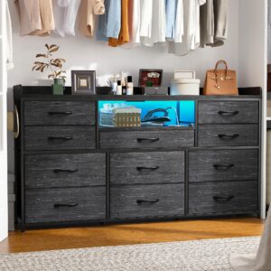 EnHomee Dresser TV Stand with 11 Drawers for 60" TV Stand for Bedroom with LED Lights & Power Outlets Long Dresser for Bedroom with Shelves & 4 Hooks Sturdy Metal Frame & Wood Top, Charcoal Black