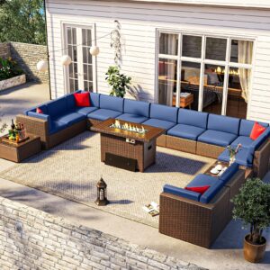 Jolydale Patio Furniture 15 Pieces Outdoor Furniture Set with 40" Fire Pit Table Wicker Rattan Sectional Conversation Set with Coffee Table for Patio, Garden, and Backyard (Blue)