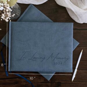 Funeral Guest Book for 2024 Celebration Of Life Memorial Service - Leather Memory Book for Funeral Guests to Sign In with Condolence Memory Table Sign & Back Pocket - Blue Guestbook