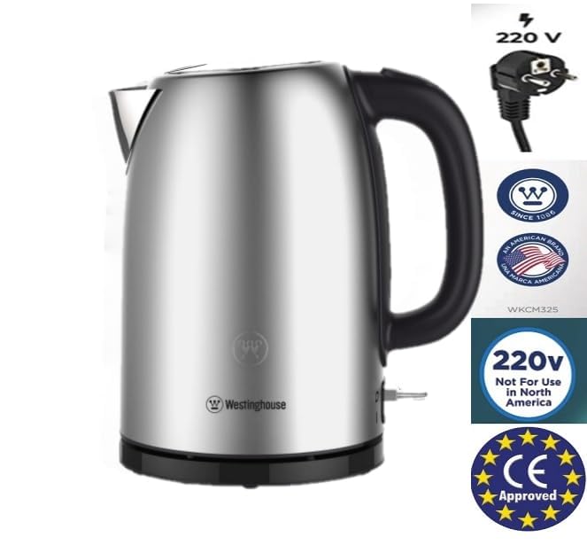 Westinghouse 220 Volt Kettle - Cordless - 1.7 Liter - Stainless Steel - Bundle With Dynastar 220 Volts 240 Volts (Not For USE IN USA)