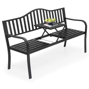 athena collection patio garden bench with pullout middle table garden bench with back metal slatted bench with armrest outdoor bench chair patio furniture for porch, park, garden, farmhouse, black