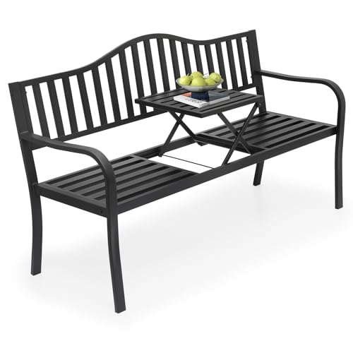 Athena Collection Patio Garden Bench with Pullout Middle Table Garden Bench with Back Metal Slatted Bench with Armrest Outdoor Bench Chair Patio Furniture for Porch, Park, Garden, Farmhouse, Black