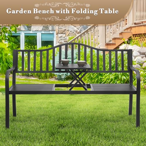 Athena Collection Patio Garden Bench with Pullout Middle Table Garden Bench with Back Metal Slatted Bench with Armrest Outdoor Bench Chair Patio Furniture for Porch, Park, Garden, Farmhouse, Black