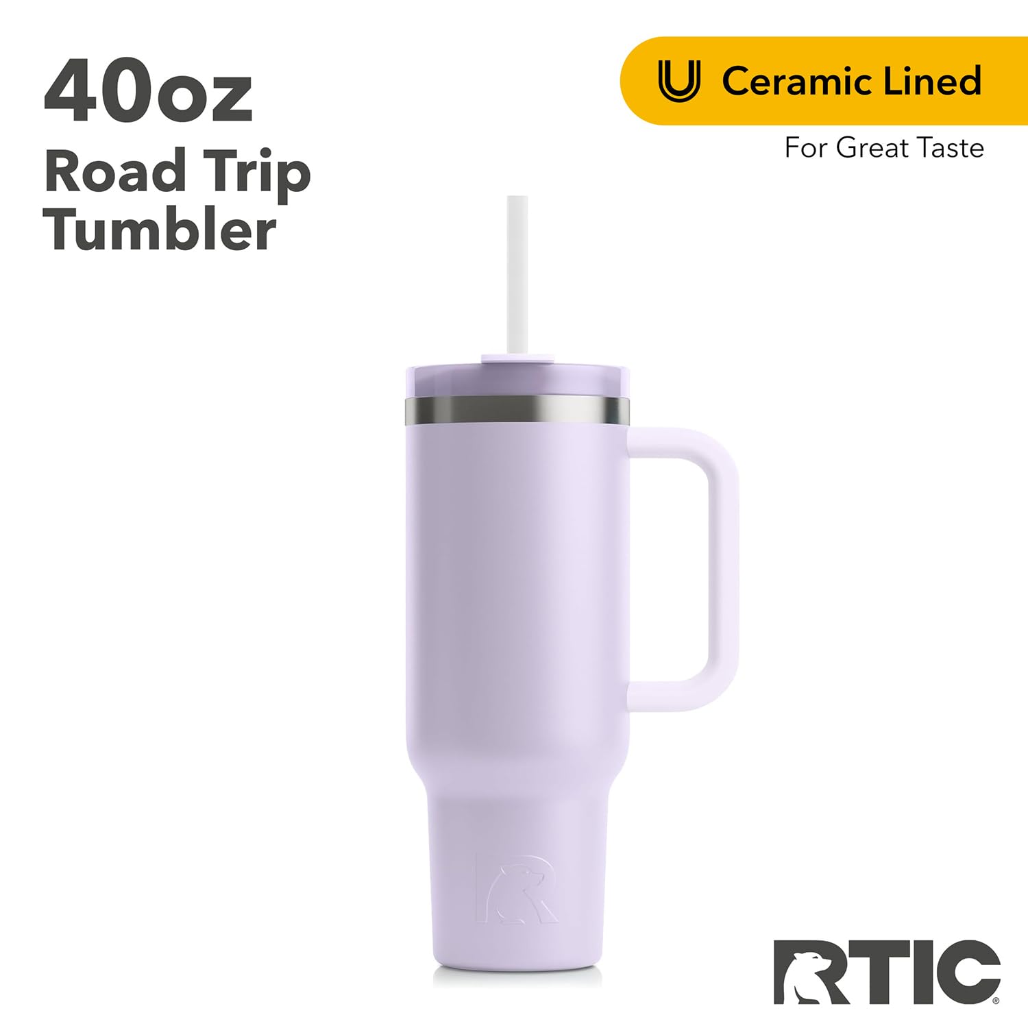 RTIC 40 oz Road Trip Tumbler Double-Walled Insulated Stainless Steel Portable Travel Coffee Mug Cup with Lid, Handle and Straw, Dusty Lilac