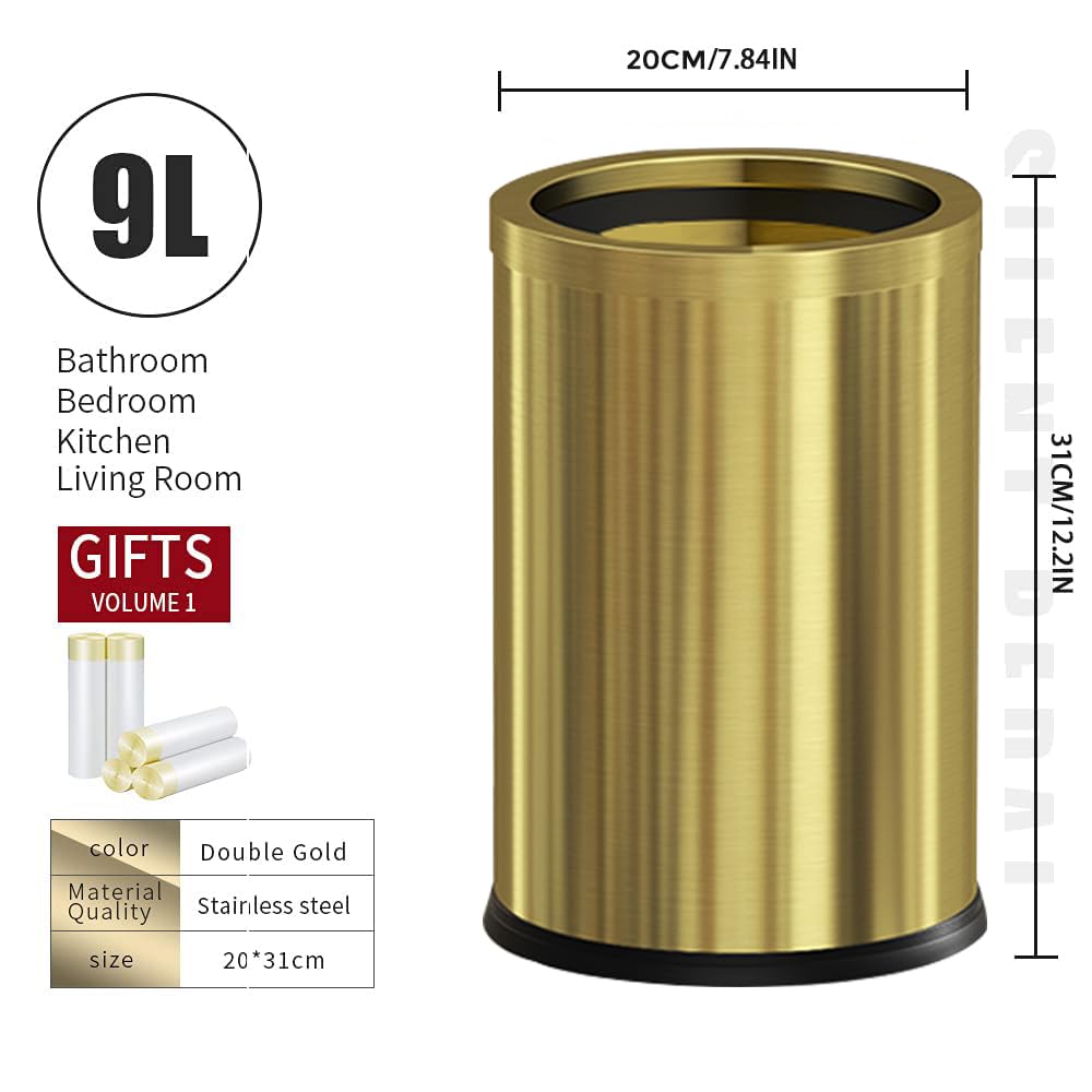 LEASYLIFE 9L/2.4GAL Gold Bathroom Trash can, Brass Bathroom Garbage can Without lid, Small Gold Black Wastebasket for Bathroom, Children's Room,Hotel, Office (Gold)