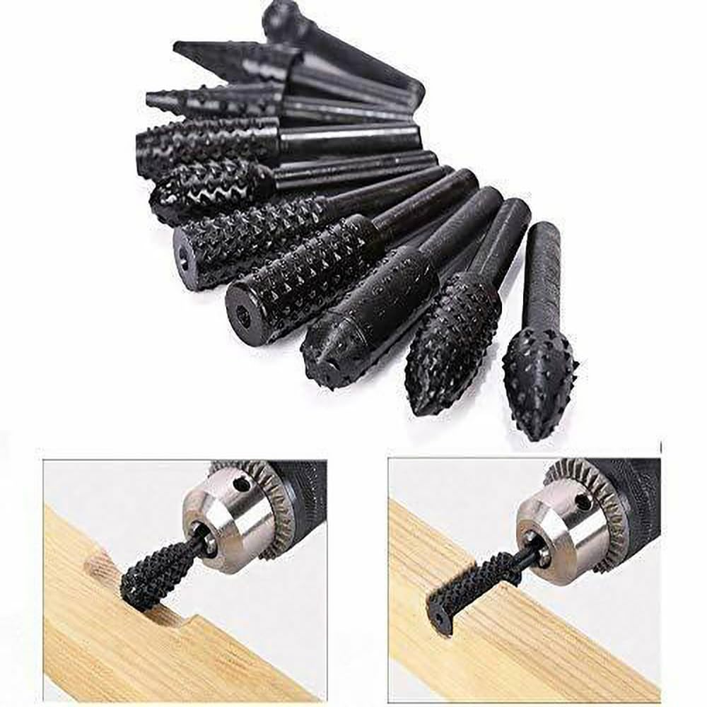 Takelablaze 10Pcs Rotary Burr Rasp Set Woodworking Twist Drill Bits with 1/4" Shank Wood Carving File Rasp Drill Bits Woodworking Twist Drill Bits for Wood Plastic Engraving Polishing Grinding, Black