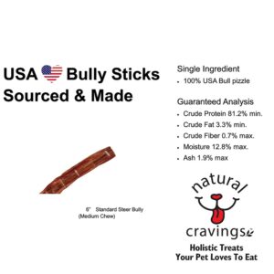 Natural Cravings: Standard Steer Bully Stick - 3 Pack - 6" Dog Chew Treat, Sm-Md Dogs Light Chewers, Single Ingredient Roasted Beef Pizzle, USA Made