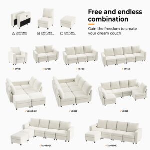 VINGLI 108" U-Shaped Storage Modular Sectional Sofa Sleeper in USB Built-in Charger, Convertible Couch Bed with High-Resilience Foam, 4 Deep Seaters Module/2 Ottomans(Chaises),Chenille/Cream White